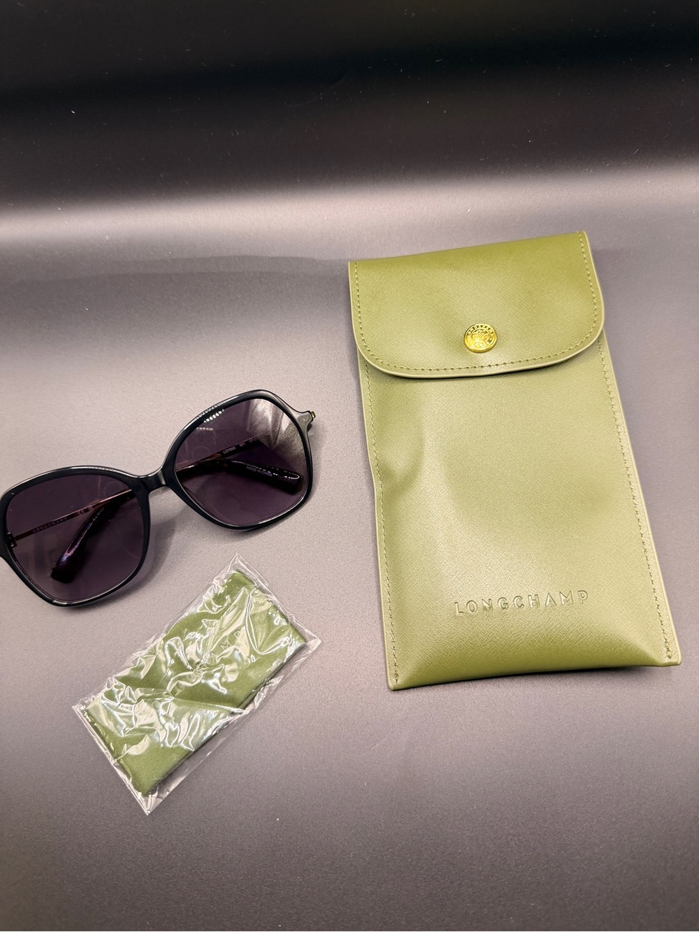 Longchamp Olive Green Leather Sunglasses Pouch with Black Frame Shades